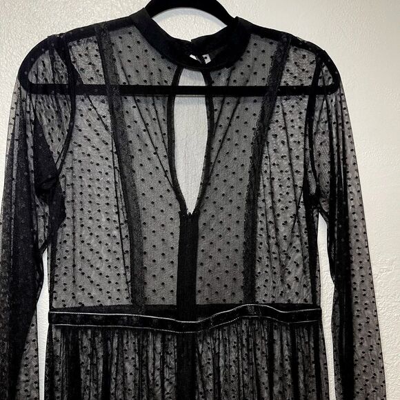 Sheer Maxi Dress Size S Goth Romantic Gown Club Witchy Sexy Ruffle Cuffs Mesh - Picture 2 of 9